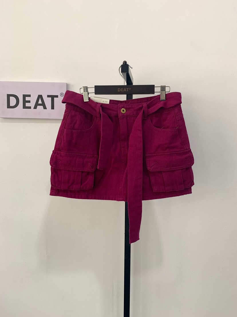 DEAT Fashion Belt Bandage Denim Mini Skirt Women Patchwork Pocket Cargo Wrap Hip Skirts Female Trend 2023 Spring New 11XX01119