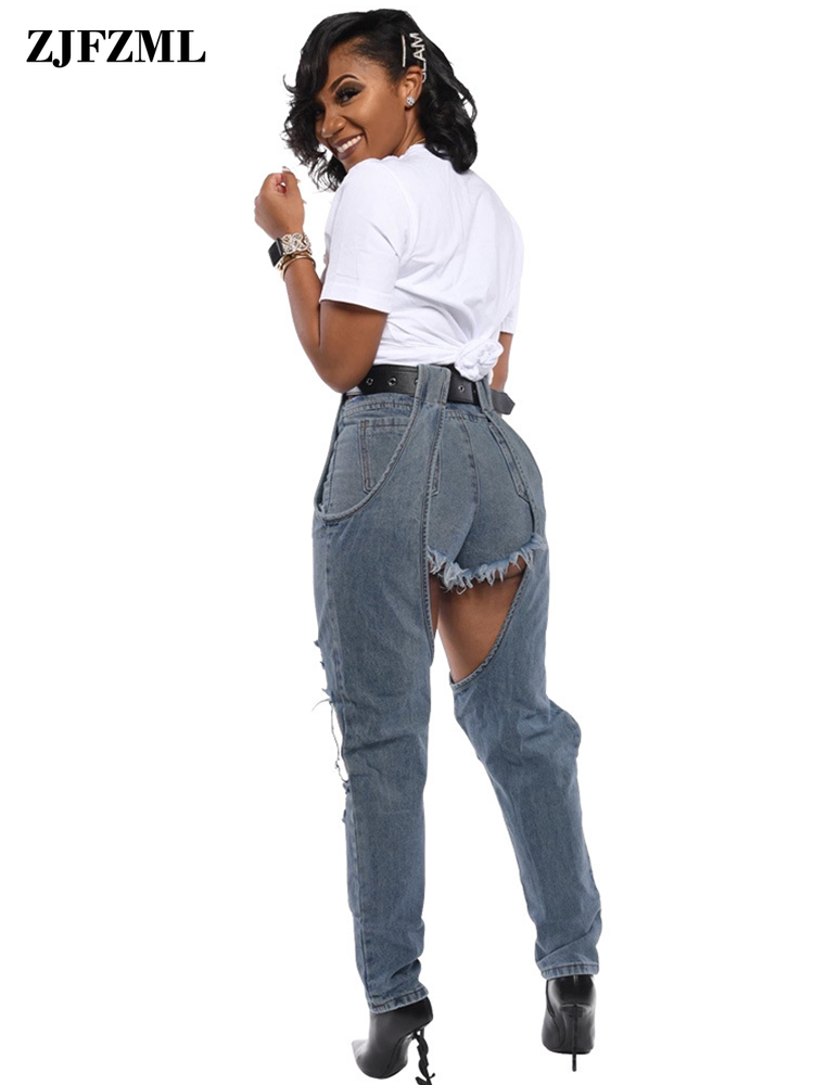 Sexy Destroyed Hole Denim Jeans for Women High Waist Spliced Ripped Jeans Hollow Out Streetwear Mujer Skinny Full Length Jeans