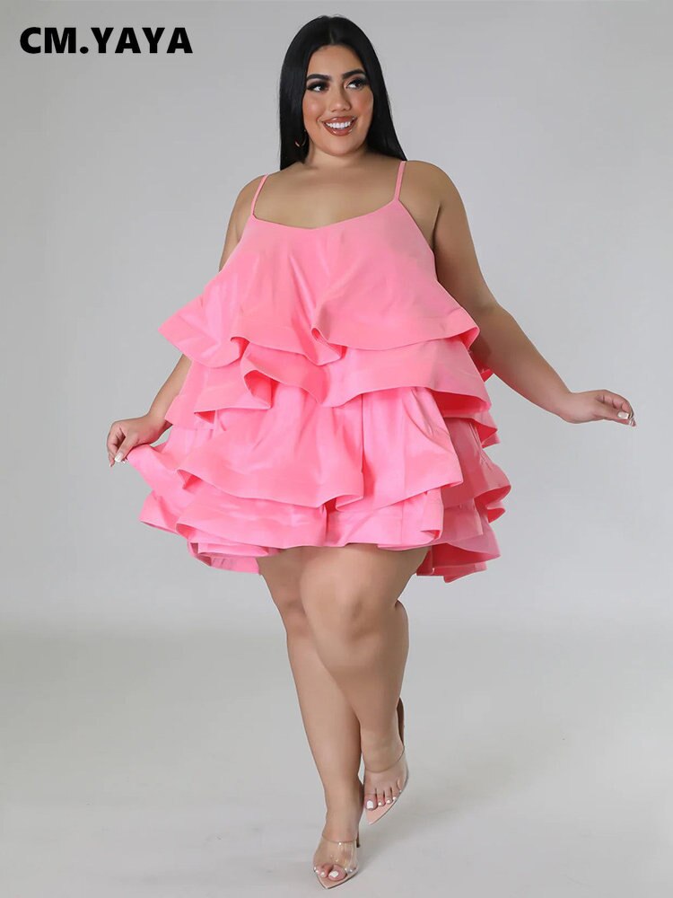 CM.YAYA Plus Size Vintage Women Cascanding Ruffles Big Swing Ball Gown Cake Babydoll Spaghetti Strap Sleeveless Dress Vestidos