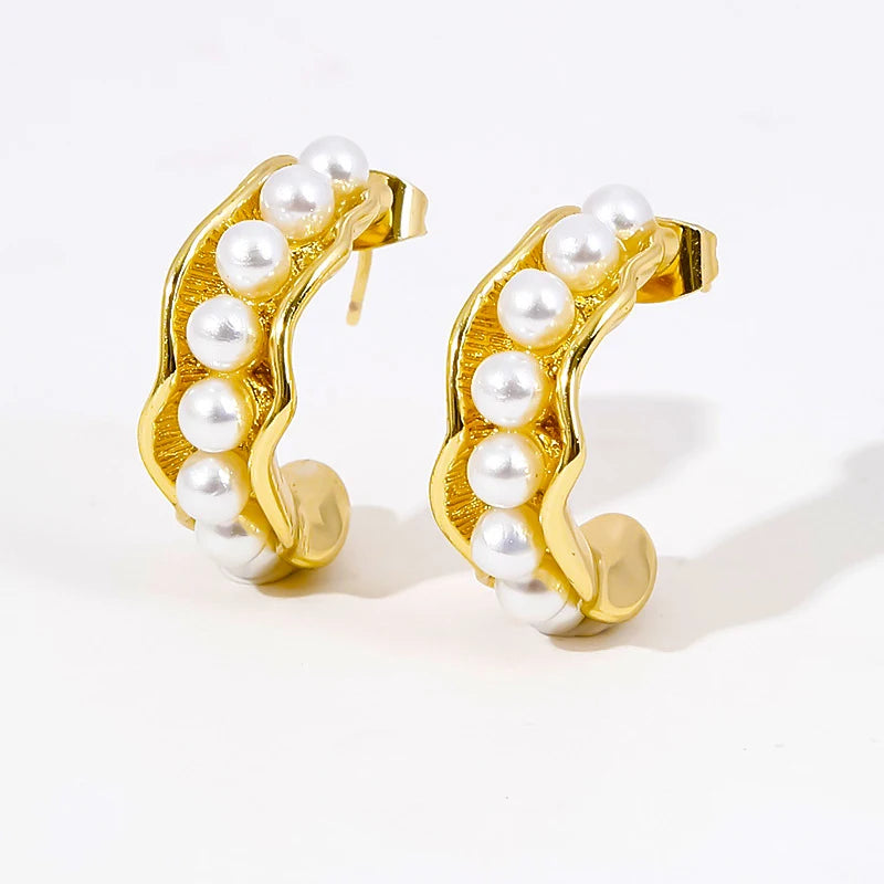 Vintage CC Shape Imitation Pearl Beaded Circle Hoop Earrings for Women Gold Plated Hammered Earring Party Jewelry France Style