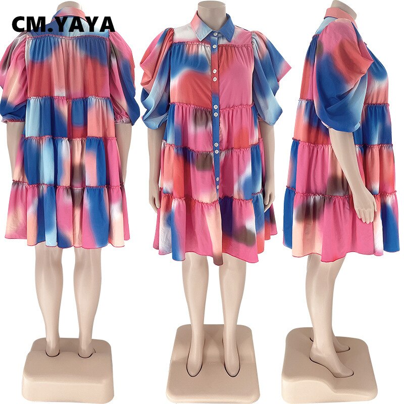 CM.YAYA Elegant Women Graffiti Cape Stye Big Swing Loose Smock Dress Plus Size Curve Chic Single Breasted Shirt Blouse Dresses