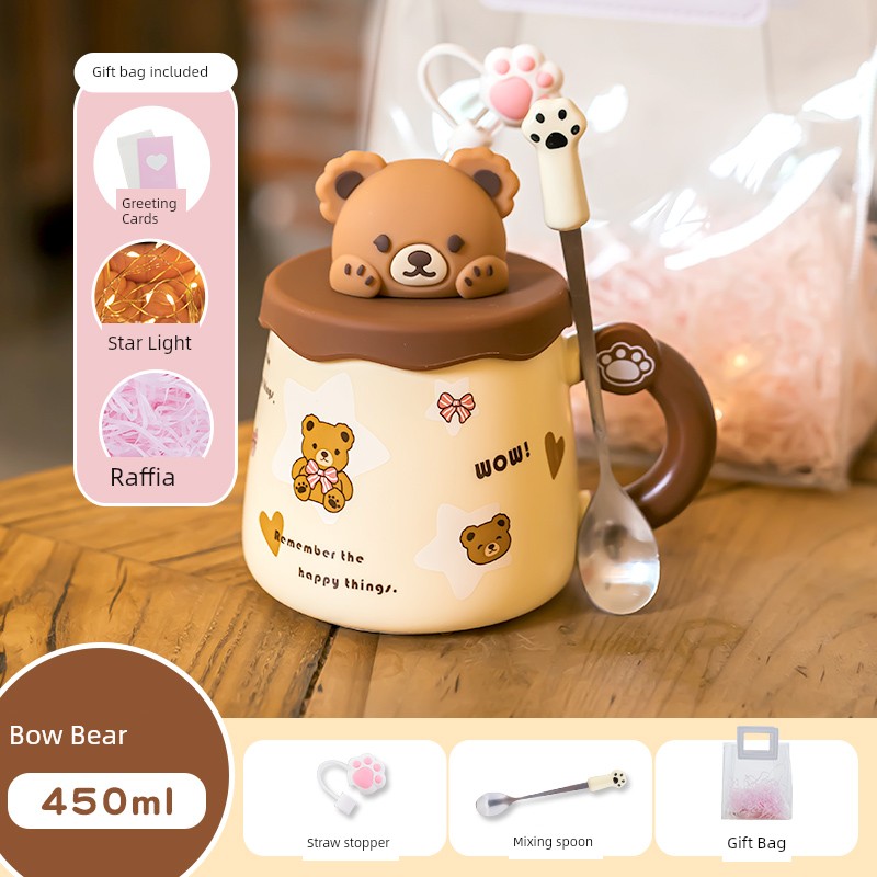 Cute Ceramic Cup Couple with Lid Spoon Straw Mug Home Breakfast Coffee Cup Women Office Water Glass Men