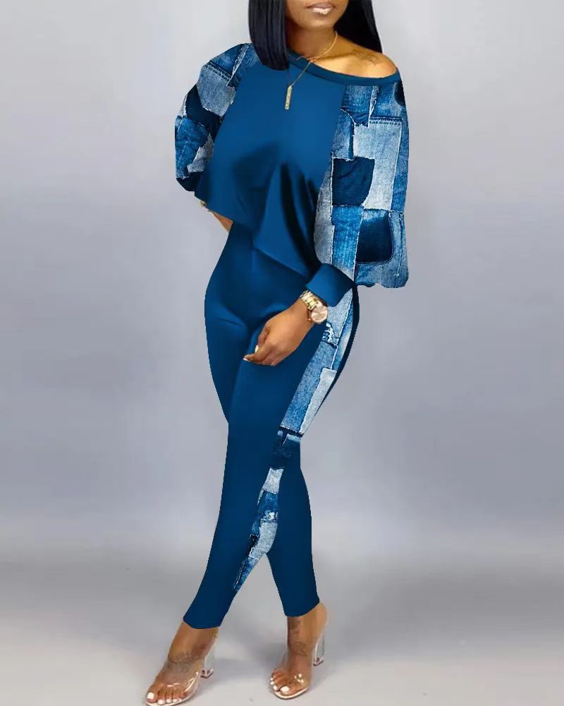 Spring Fashion Print Two Piece Set Women's Diagonal Neck Long Sleeve Casual T-shirt Tights Slim Two Piece Set Women