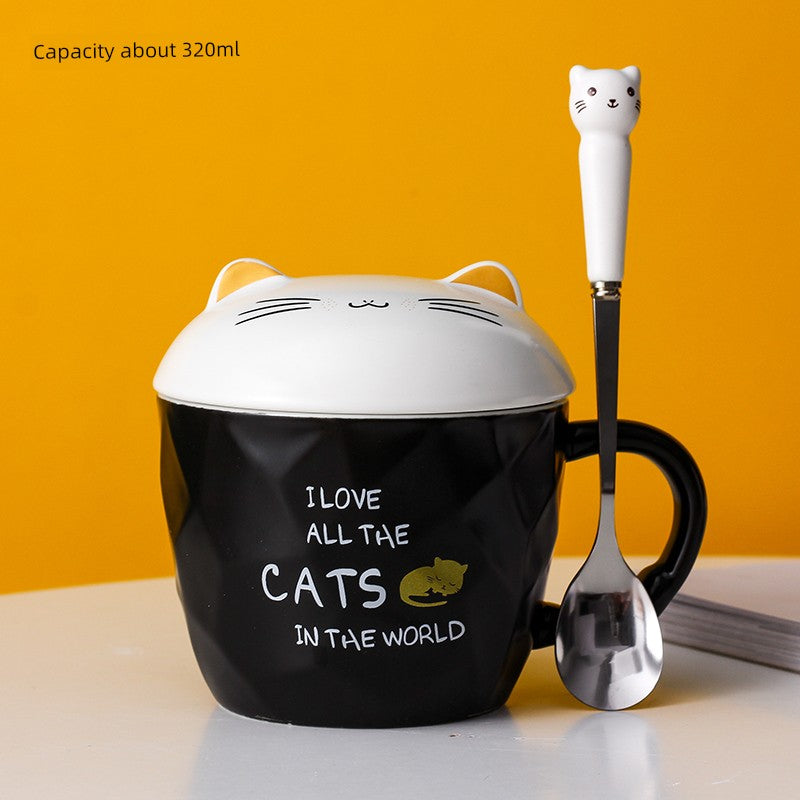 Cute Cat Mug Cartoon Porcelain Cup Couple Men and Women Water Cup Coffee Cup with Cover Spoon Breakfast Milk Cup