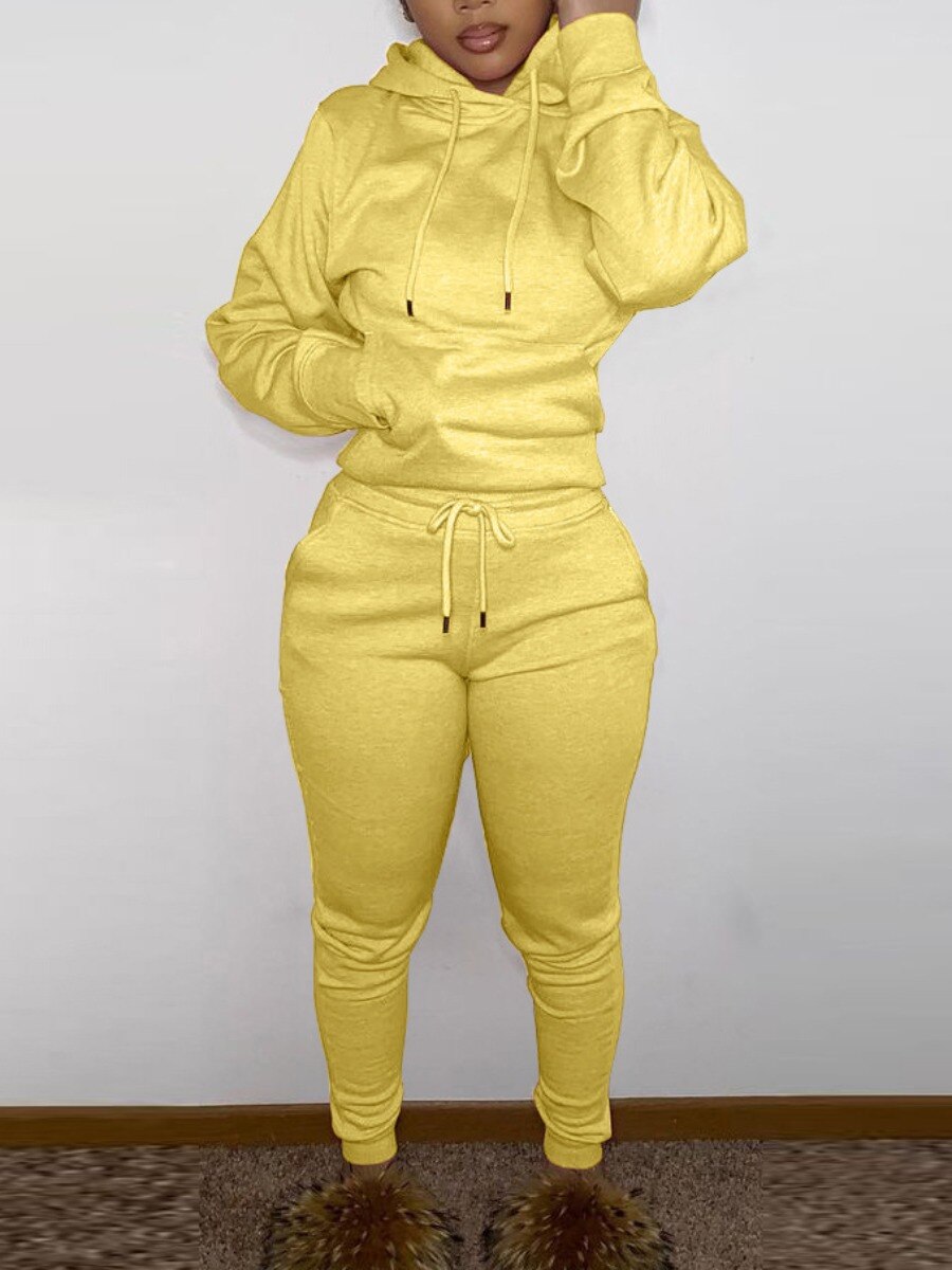 LW BASICS Hooded Collar Drawstring Tracksuit Set Two piece sets womens outifits Long Sleeve Lace-up Hooded Collar women sportswe
