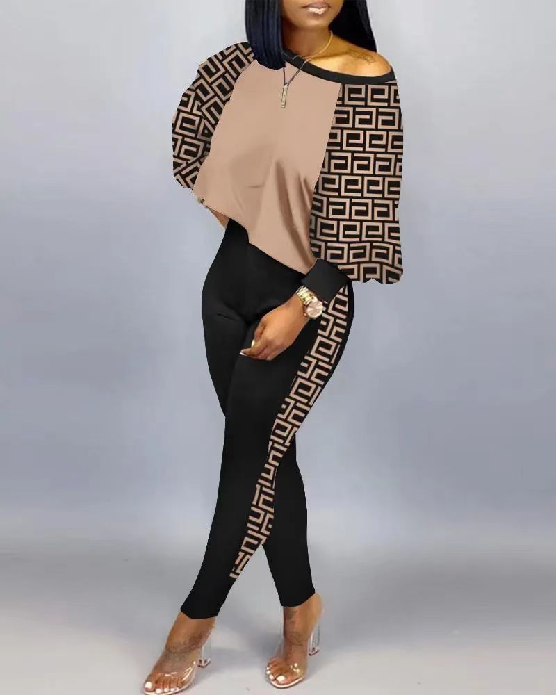 Spring Fashion Print Two Piece Set Women's Diagonal Neck Long Sleeve Casual T-shirt Tights Slim Two Piece Set Women