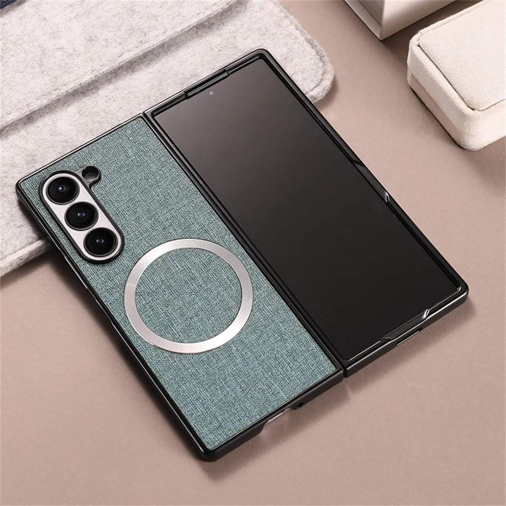 Luxury Fabric Cloth for Magsafe Case for Samsung Galaxy Z Fold 6 5 4 3 Magnetic Wireless Charging Ultra Slim Shockproof Cover