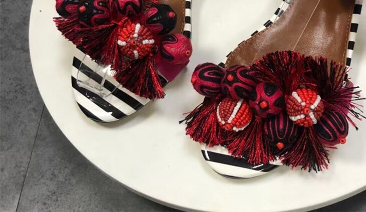 Wool Knitting Ball Tassels Sandals Women Ankle Wrap Striped Color Fringed Pompoms Stiletto Heel Suede Party Shoes Woman
