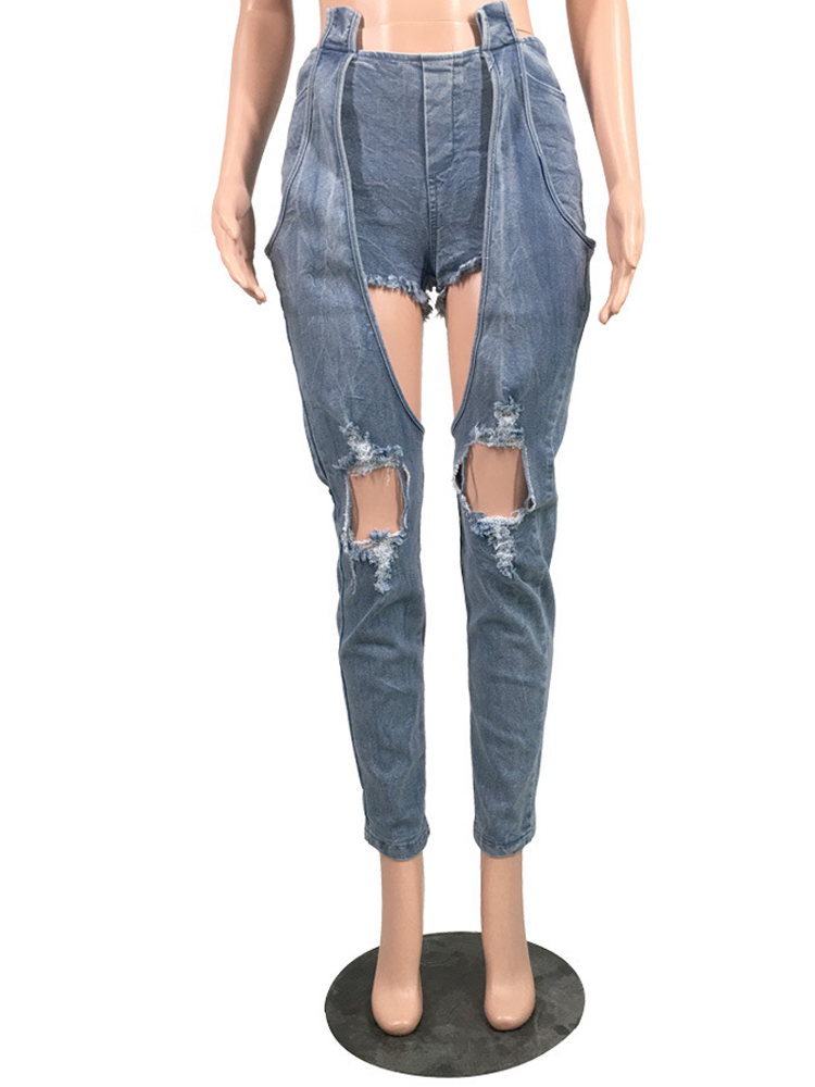 Sexy Destroyed Hole Denim Jeans for Women High Waist Spliced Ripped Jeans Hollow Out Streetwear Mujer Skinny Full Length Jeans
