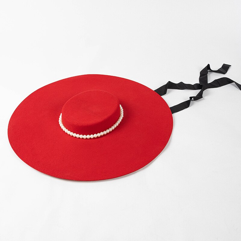 Fashion Winter Ladies Wide Brim 100% Wool Luxury  Hats Wedding Hat Flat Top Fedora Hat For Women Church Hats French Elegant Cap