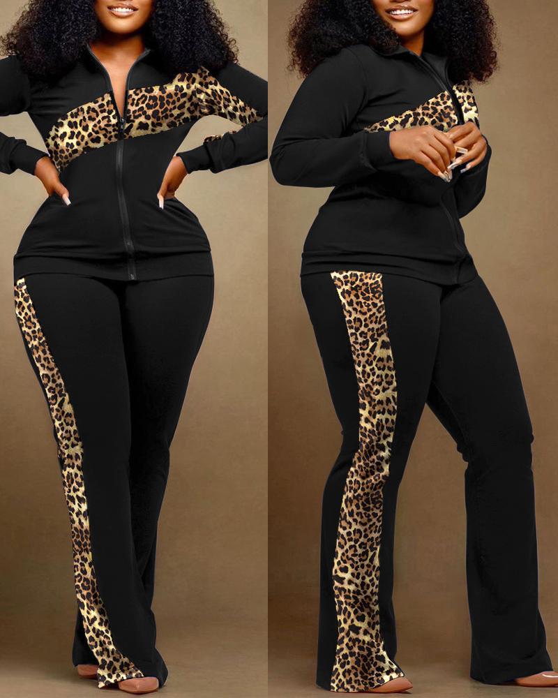 Autumn Winter Fashion Print Two Piece Set Women Casual Sports Style Zipper Top Sweatpants Two Piece Set Women