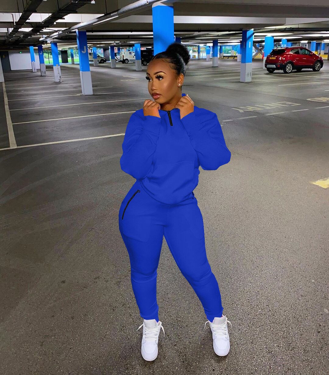HLJ&amp;GG Winter Tracksuits Two Piece Sets Pink Letter Print Solid Casual Outfits Zip Sweatshirt + Pockets Pants Women Sweat Suits