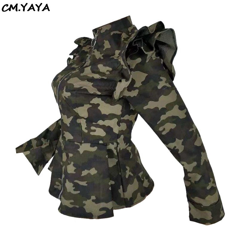 Women New Ruffles Shoulder Long Sleeve Camouflage Zip Open Stand Neck Flare Hem Jackets Fashion Weinter Coats Top Q5071