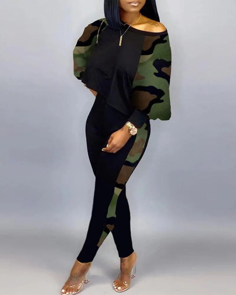 Spring Fashion Print Two Piece Set Women's Diagonal Neck Long Sleeve Casual T-shirt Tights Slim Two Piece Set Women