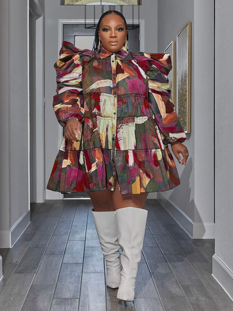 Wmstar Plus Size Dresses Women's Clothes Puff Long Sleeve Casual Printed Cute Ball Gown Shirts Midi Dress Wholesale Dropshipping