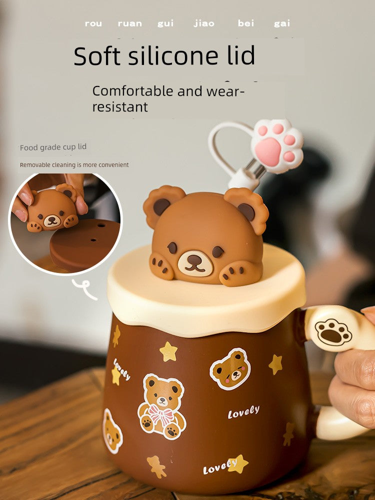 Cute Ceramic Cup Couple with Lid Spoon Straw Mug Home Breakfast Coffee Cup Women Office Water Glass Men