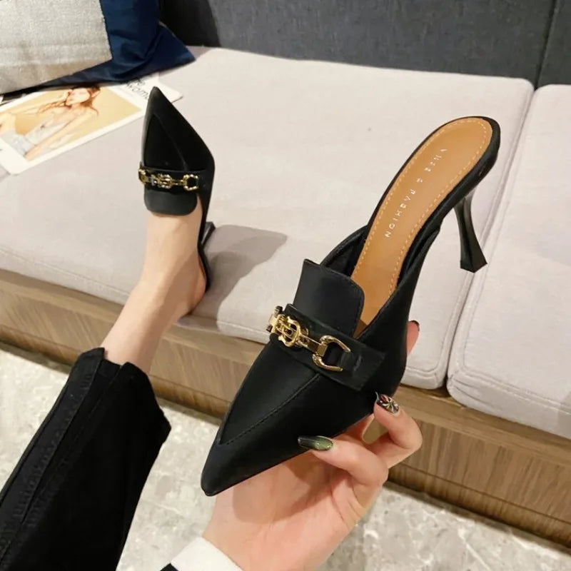 New Snake Print Woman Pumps Slipper Fashion Gold Chain Sandal Shoes Ladies Pointed Toe Slip on Mules Thin Low Heels Slides