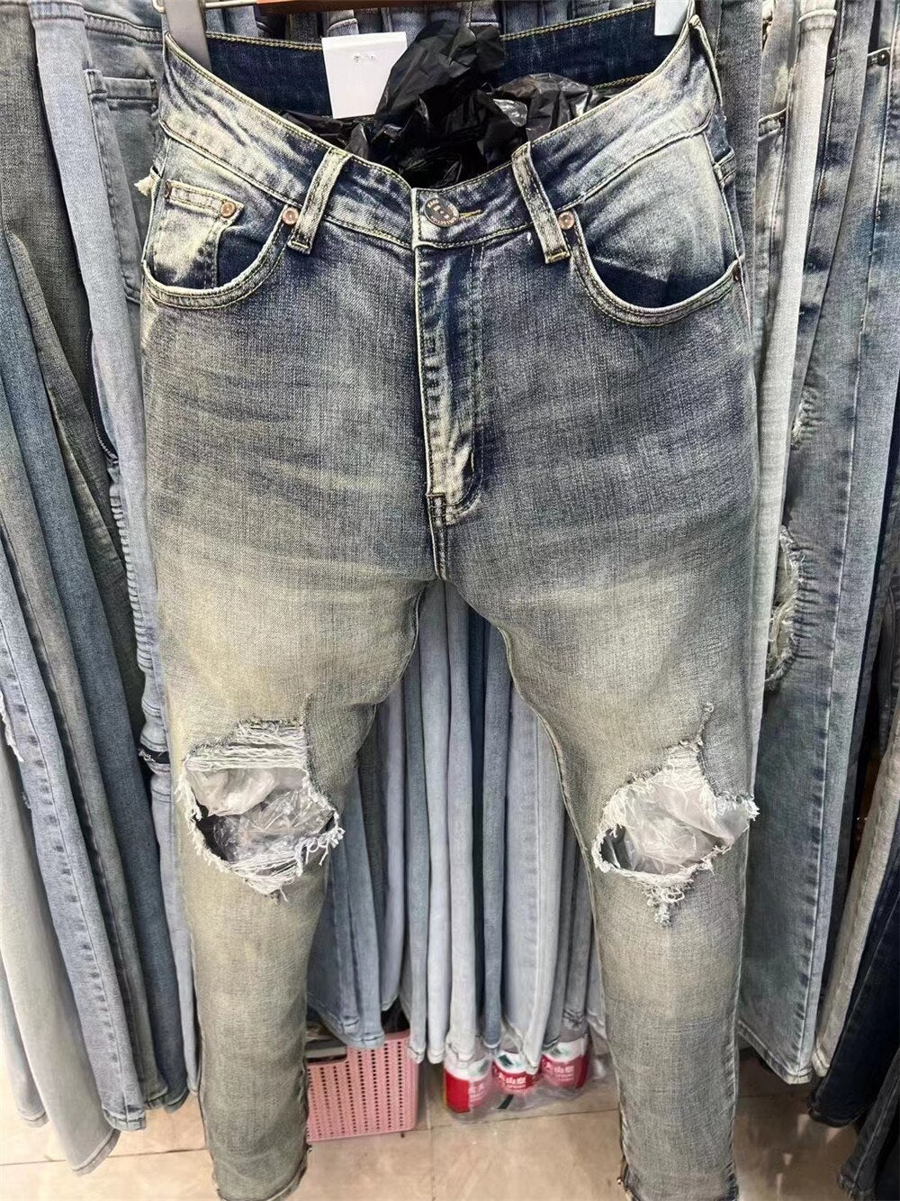 Ight Blue Flex Thoughout Jean Ripped Pleat Jean Streetwear Slim Skinny Stretch Denim Tapered Pant Men Motorcycle Pant Jeans Men