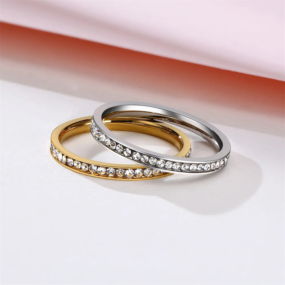 INS 2mm Iced Out Bling CZ Rings For Women Lady Gold Color Stainless Steel Shinny Cubic Zirconia Wedding Ring Elegant Jewelry