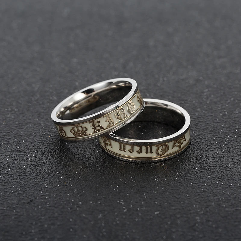 Luminous Stainless Steel Couple Ring Golden Crown Her King His Queen husband and wife Jewelry Anniversary Gift