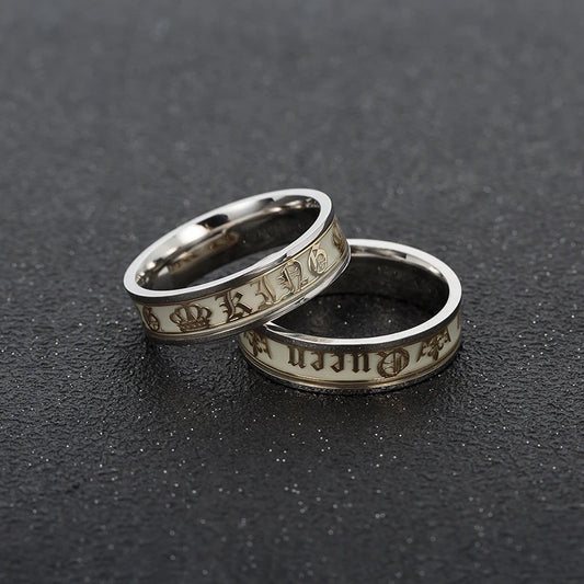 Luminous Stainless Steel Couple Ring Golden Crown Her King His Queen husband and wife Jewelry Anniversary Gift
