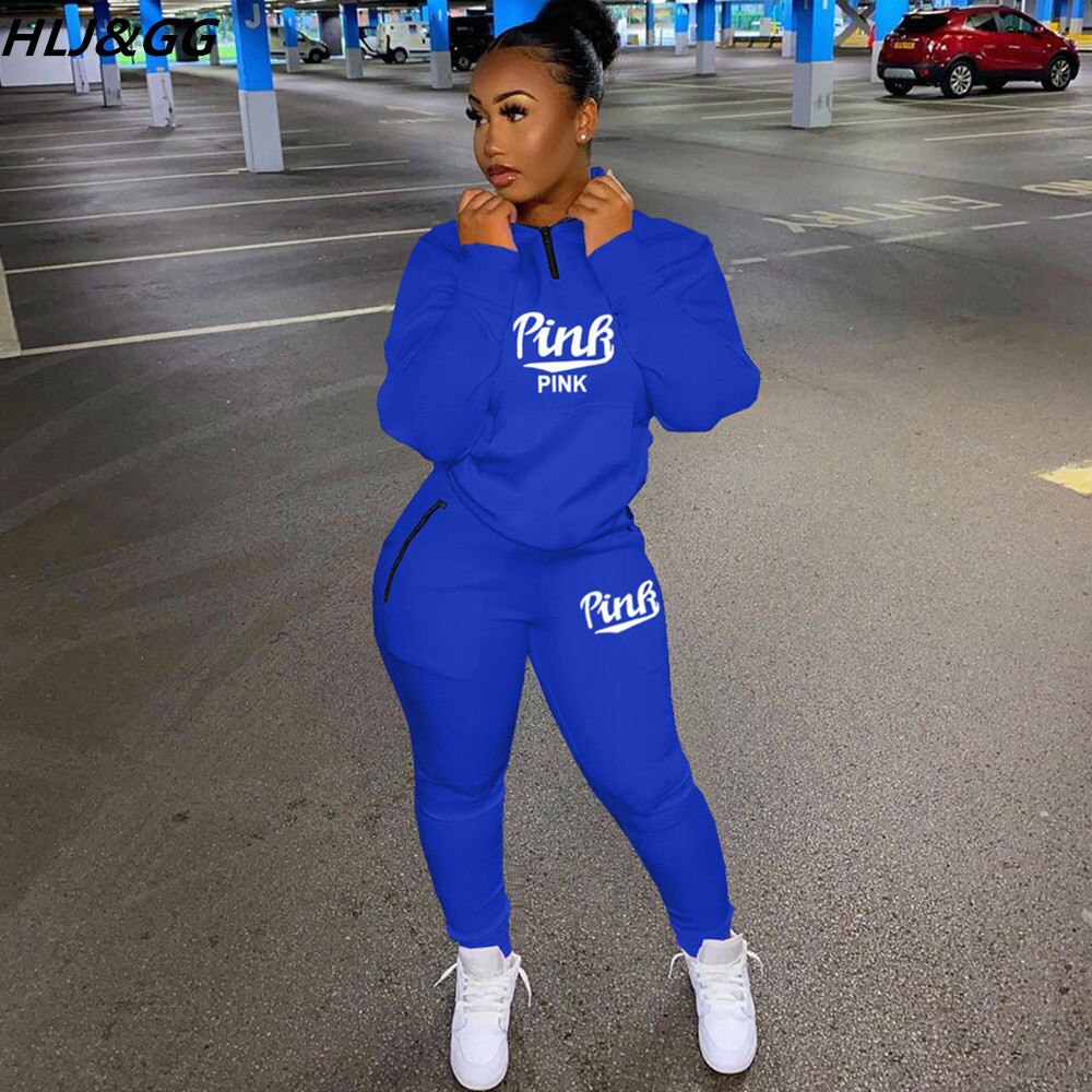 HLJ&amp;GG Winter Tracksuits Two Piece Sets Pink Letter Print Solid Casual Outfits Zip Sweatshirt + Pockets Pants Women Sweat Suits