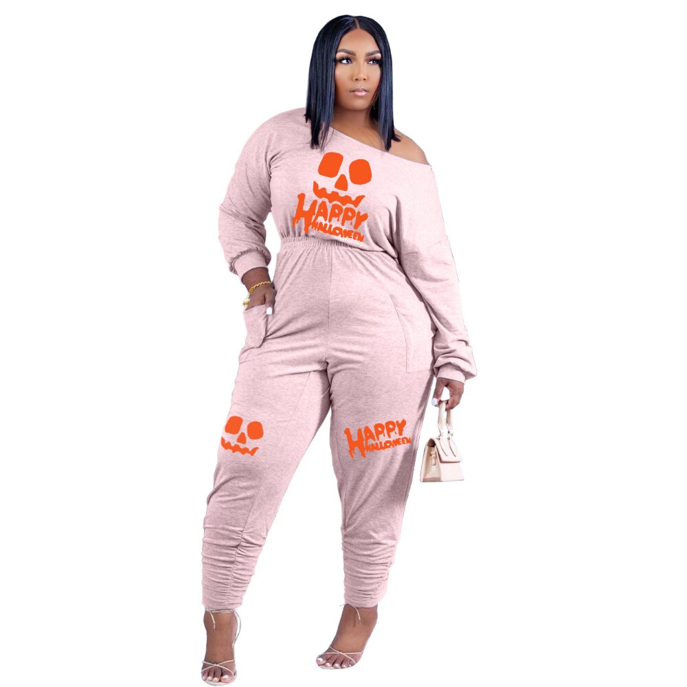 HLJ&amp;GG Casual Women Letter Print Jumpsuits Fall Winter Off Shoulder with Pocket One Piece Playsuits Female Clothing Dropshipping