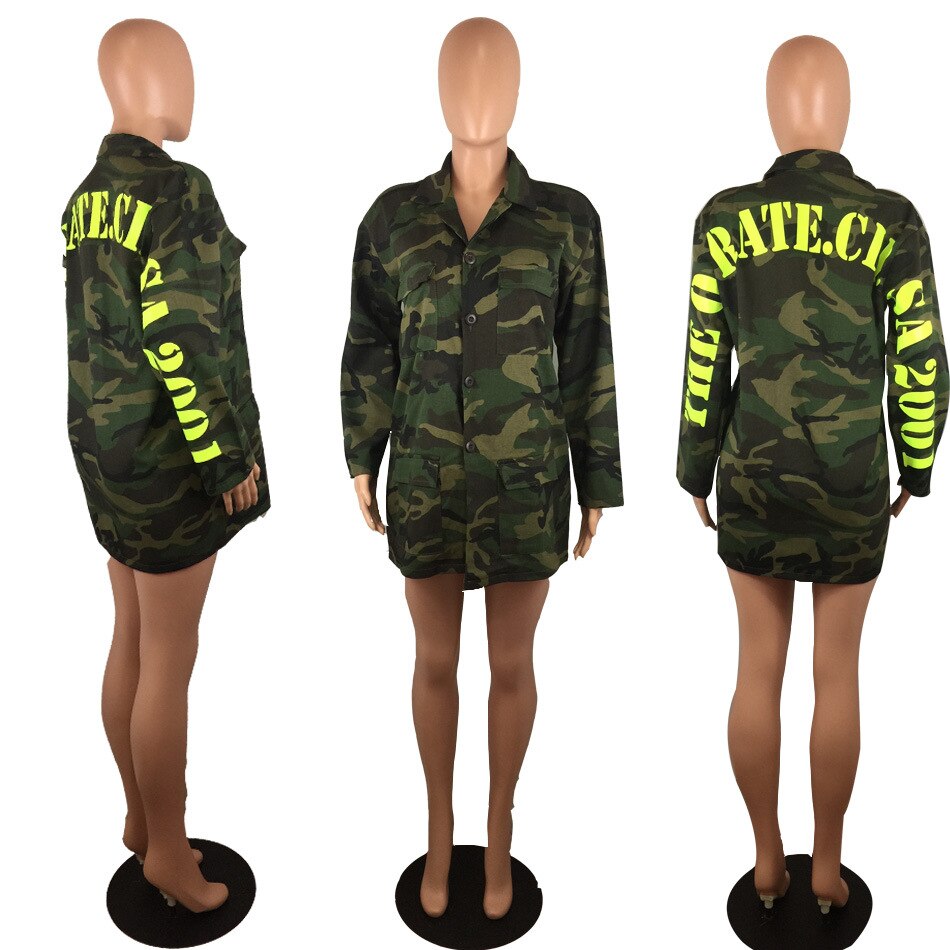 Women's Green Camouflage Long Jackets new Size Long Sleeve Camo Streetwear Coat femme Jacket