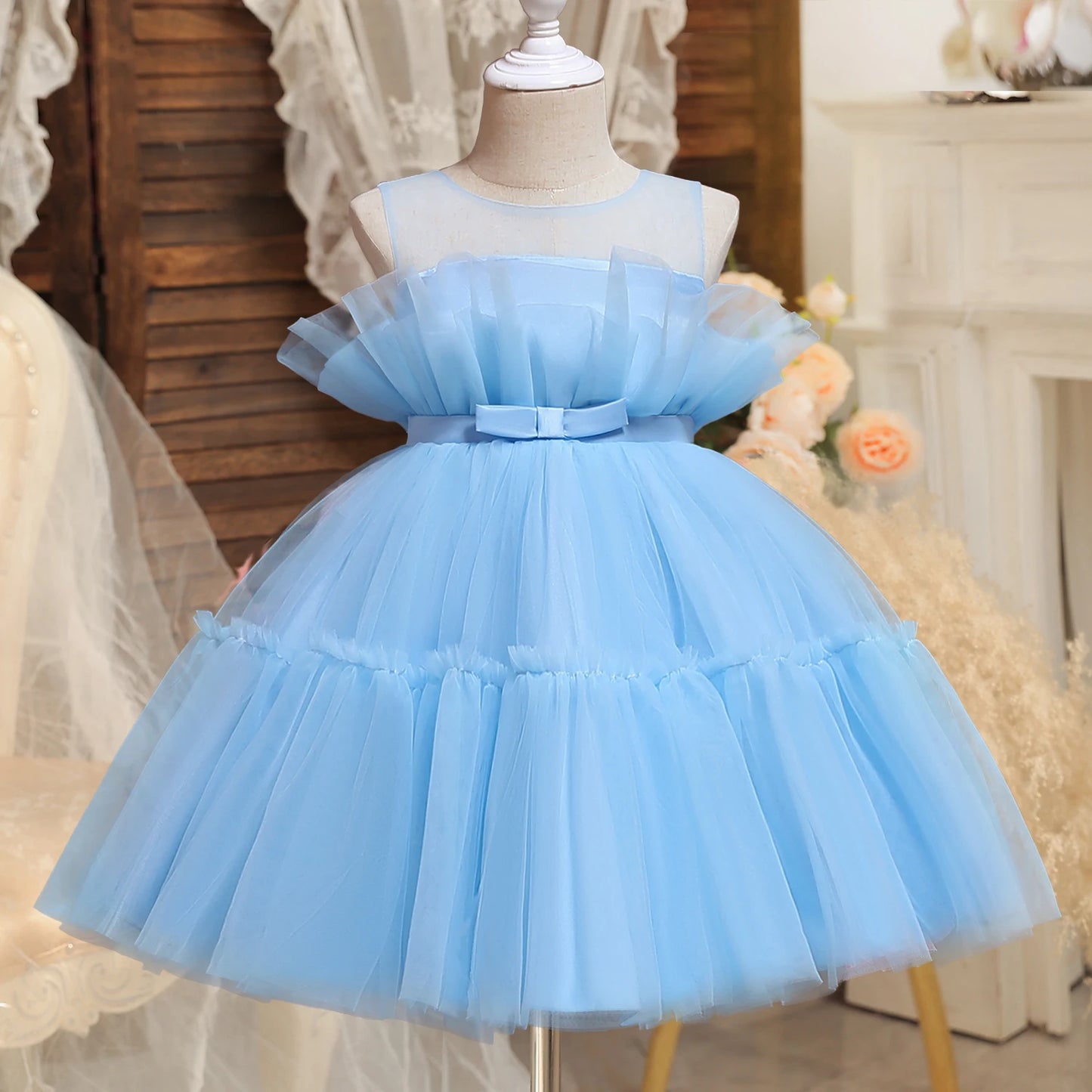 Toddler Girl Blue Beaded Tutu Gown 1-5 Years Baby Girl Birthday Party Dress Little Girl V-Back Bow Tulle Clothes Infant Costume