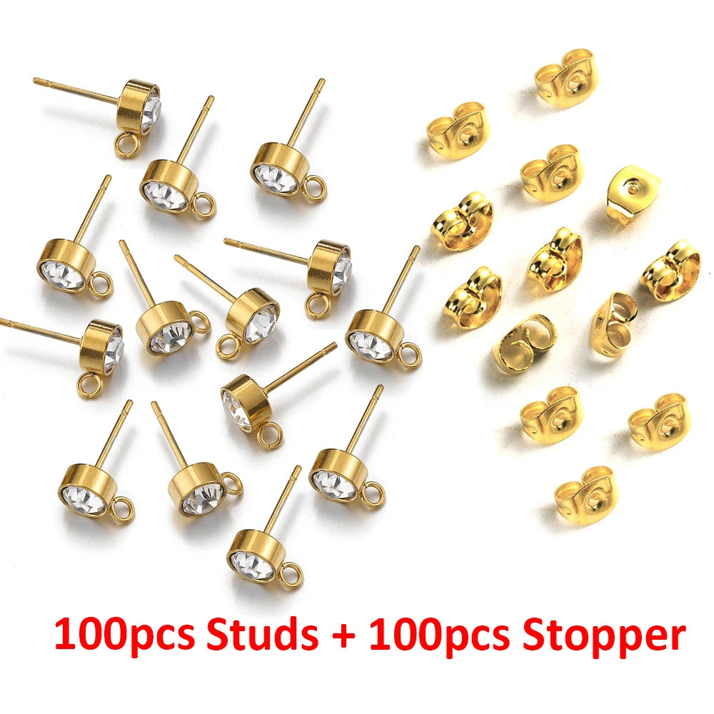 100pcs/20pcs Stainless Steel Rhinestone Earring Posts Gold Color Ear Studs with Loop Rings DIY Earrings Jewelry Making Supplies