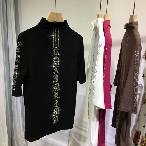 High Quality Hot Drilling Letter High Collar Bottoming Top Half Sleeve Skinny Autumn Black T-shirt All-match Streetwear Pullover