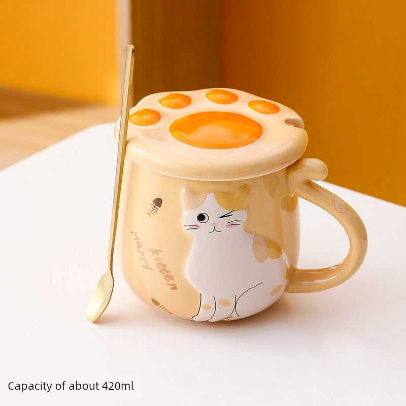Cute Cat Mug Cartoon Porcelain Cup Couple Men and Women Water Cup Coffee Cup with Cover Spoon Breakfast Milk Cup