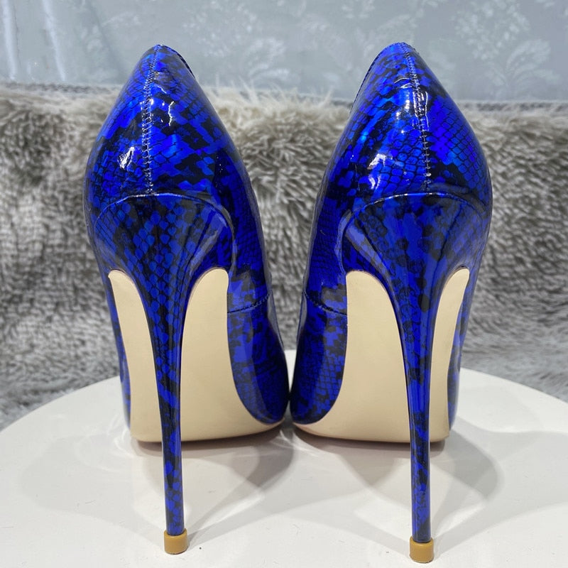 Heelgoo Royal Blue Snakeskin Pattern Women Pointy Toe High Heel Party Dress Shoes Plus Size 33-46 Sexy Ladies Stiletto Pumps