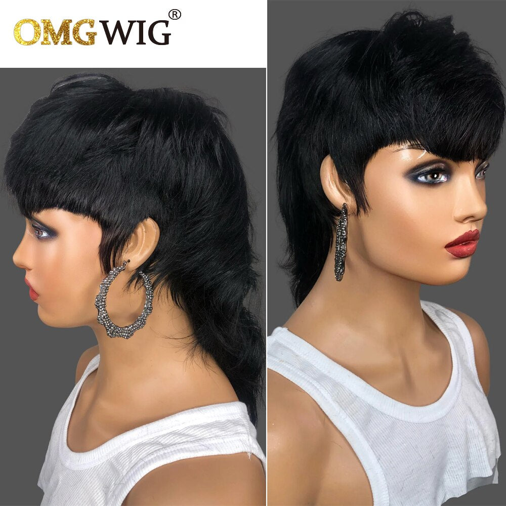 Model Length Full Machine Made Wig With Bangs Indian Virgin Human Hair Wigs For Black Women Dovetail Straight Glueless Remy
