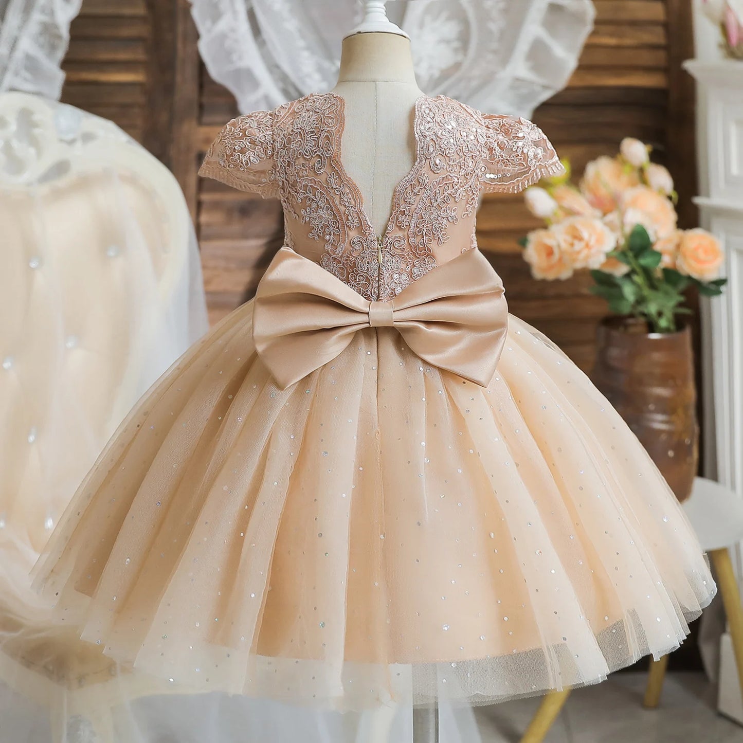 2023 Summer Sequin Big Bow Baby Girl Dress 1st Birthday Party Wedding Dress For Girl Palace Princess Evening Dresses Kid Clothes