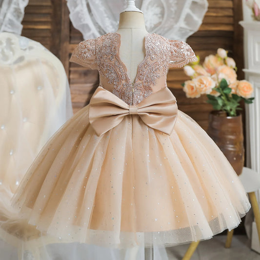 2023 Summer Sequin Big Bow Baby Girl Dress 1st Birthday Party Wedding Dress For Girl Palace Princess Evening Dresses Kid Clothes