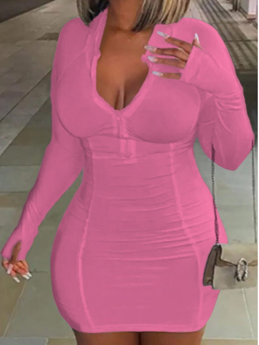 LW Plus Size Casual Zipper Design Mini Dress Mandarin Collar Long Sleeve V Neck Sheath Body-shaping Cleavage Female Vestidos