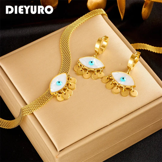 DIEYURO 316L Stainless Steel Blue Eyes Pendant Necklace Earrings For Women High Quality Choker Non-fading Jewelry Set Gifts
