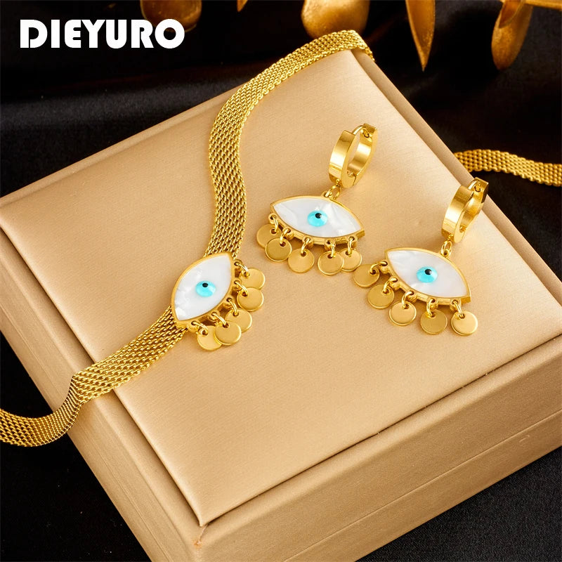 DIEYURO 316L Stainless Steel Blue Eyes Pendant Necklace Earrings For Women High Quality Choker Non-fading Jewelry Set Gifts