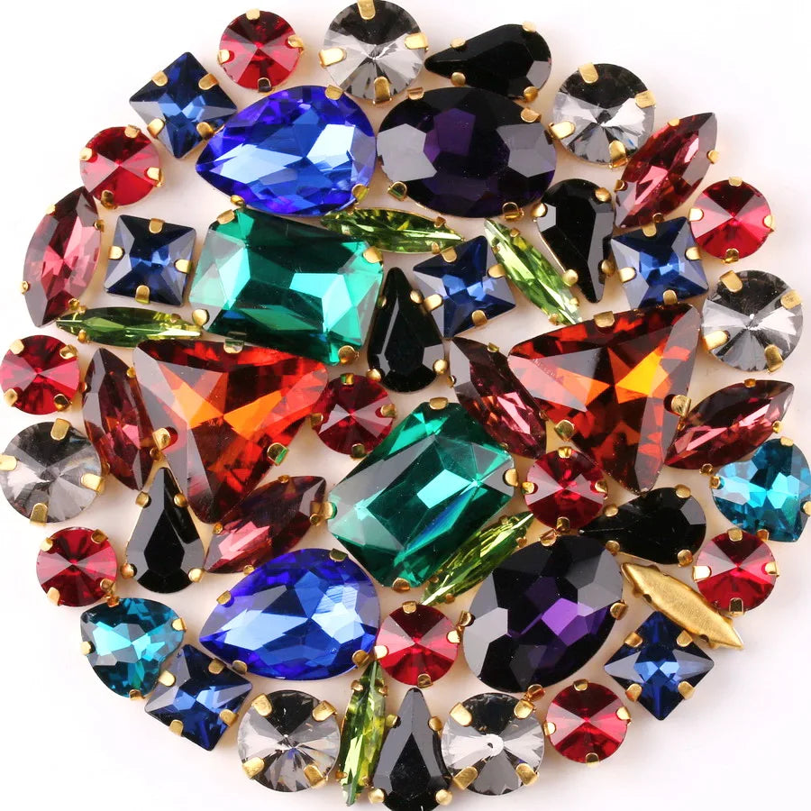 Gold claw settings 50pcs/bag shapes mix  jelly candy white color glass crystal sew on rhinestone wedding dress shoes bags diy