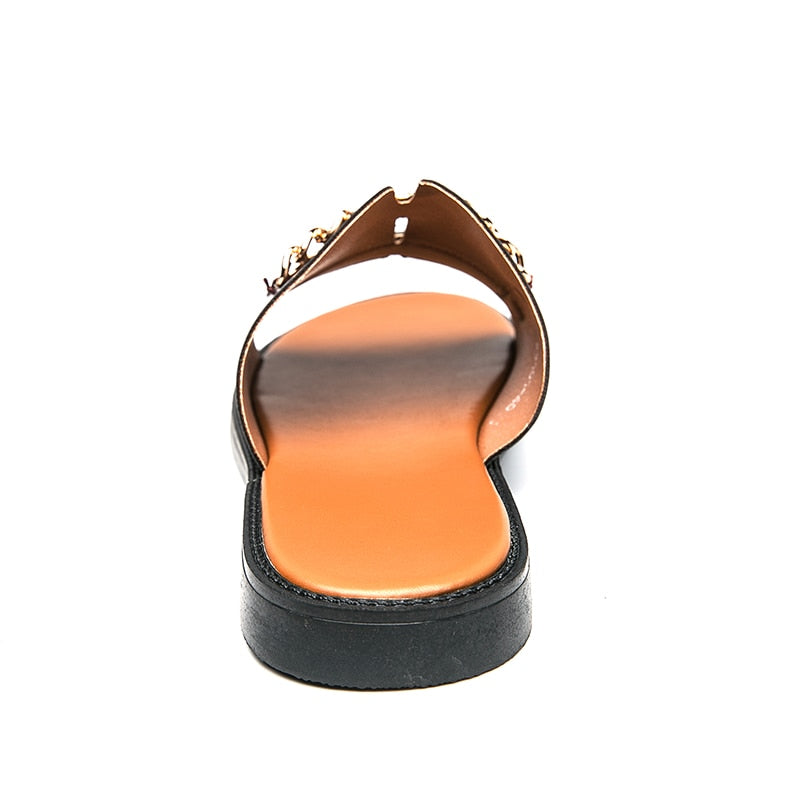 New Sandals Men Shoes PU Solid Color Fashion Casual Beach Pool Daily One Word Open Toe Metal Chain Comfortable Slippers CP169
