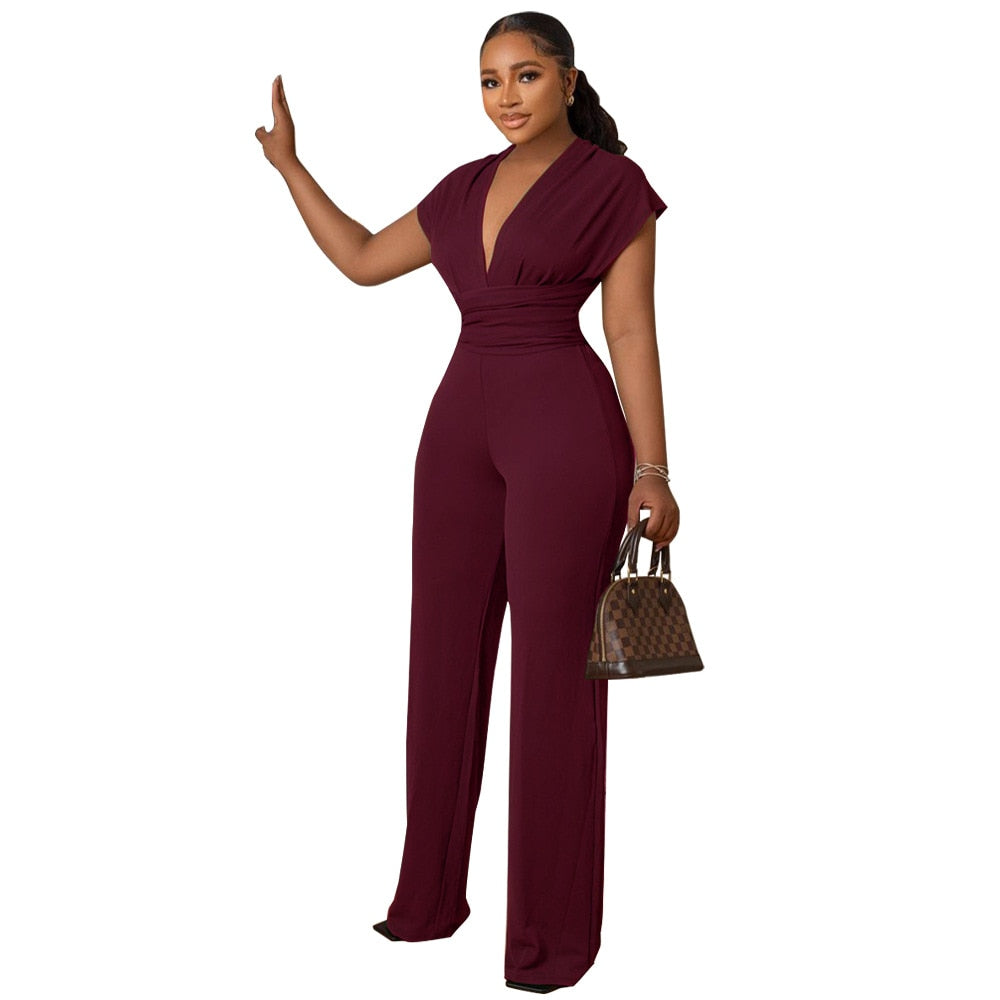 Summer Long Wide Leg Jumpsuit Women Fashion Office Lady V-neck Short Sleeved High Waist Jumpsuit Women