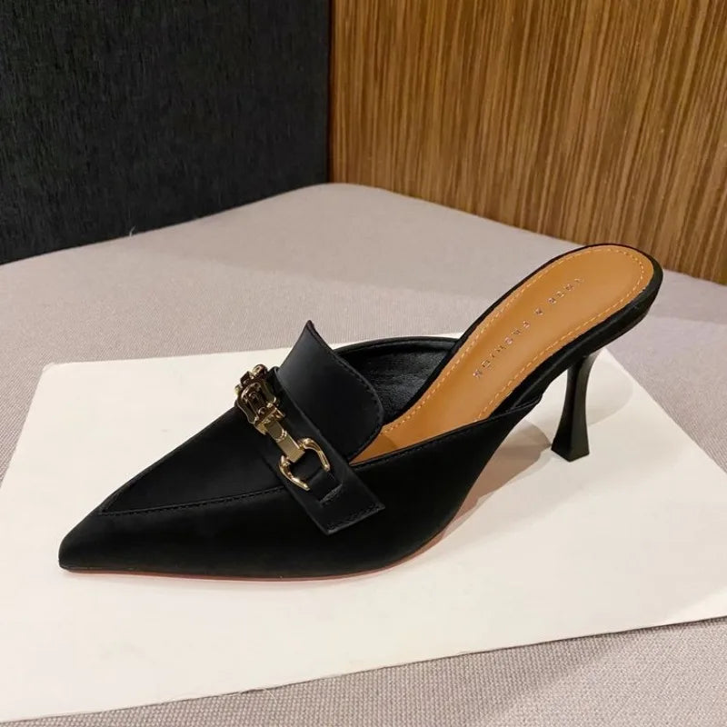 New Snake Print Woman Pumps Slipper Fashion Gold Chain Sandal Shoes Ladies Pointed Toe Slip on Mules Thin Low Heels Slides