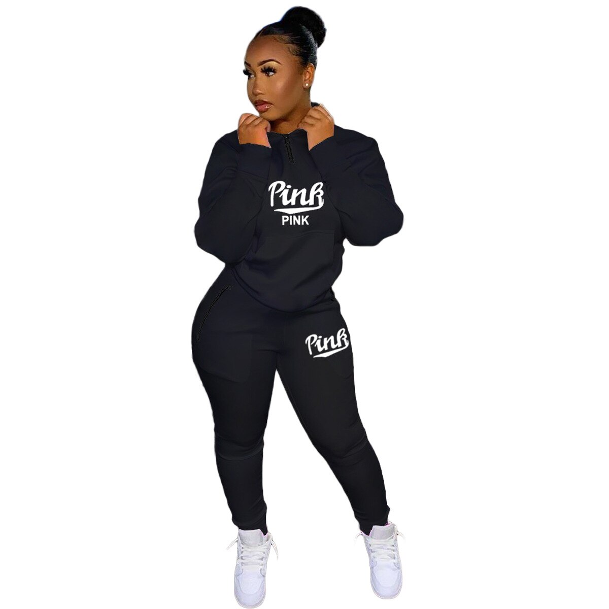 HLJ&amp;GG Winter Tracksuits Two Piece Sets Pink Letter Print Solid Casual Outfits Zip Sweatshirt + Pockets Pants Women Sweat Suits