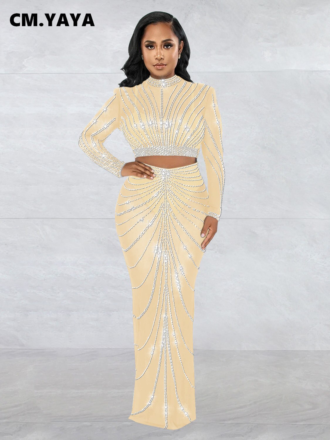 CM.YAYA Elegang Mesh See Though Diamonds Hot Rhinestones Maxi Long Midi Skirts Sets for Women Sexy Party Two 2 Piece Set Outfits