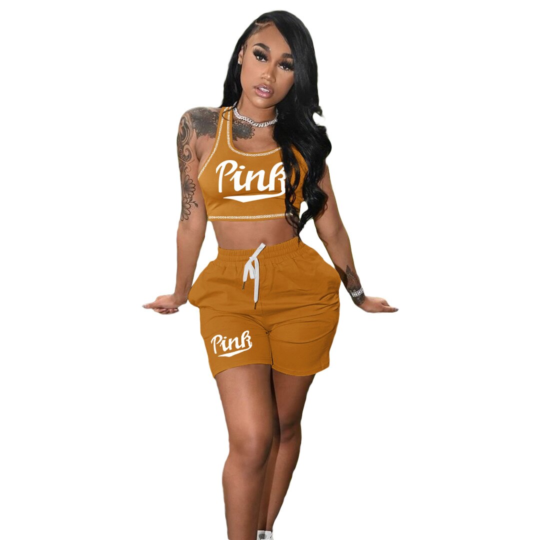 FAGADOER Summer Women Pink Letter Print Sleeveless Crop Top+Pencil Shorts Suit Two Piece Set Tracksuits Outfit Sporty Streetwear