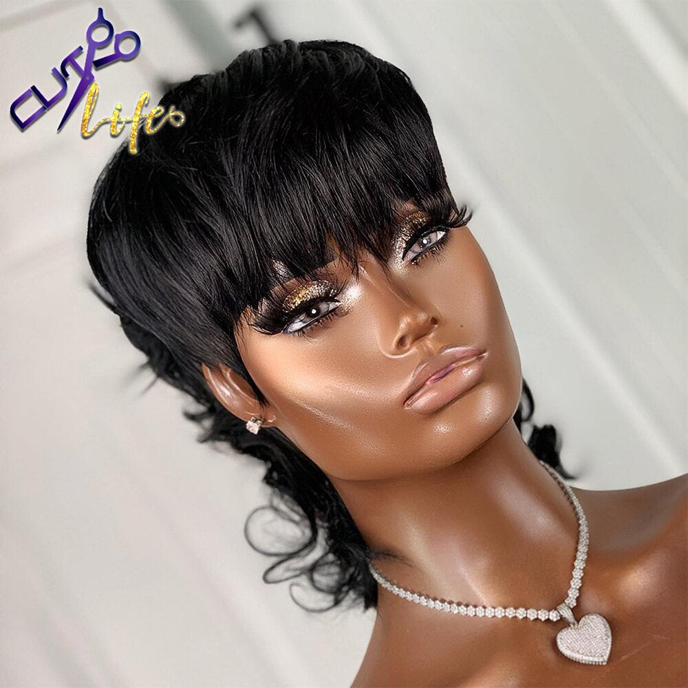 Short Pixie Cut Wig With Bangs Brazilian Remy Loose Wave Human Hair Full Machine Made No Lace Wigs For Black Women Model Length