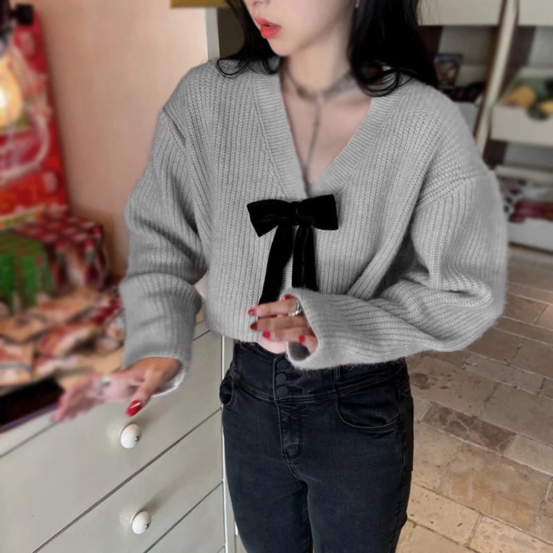 Autumn Women's Kawaii Knit Cardigan Short Style Solid V-neck Long Sleeve Sweet Bow Decoration Sweater Fashion All-match Coat