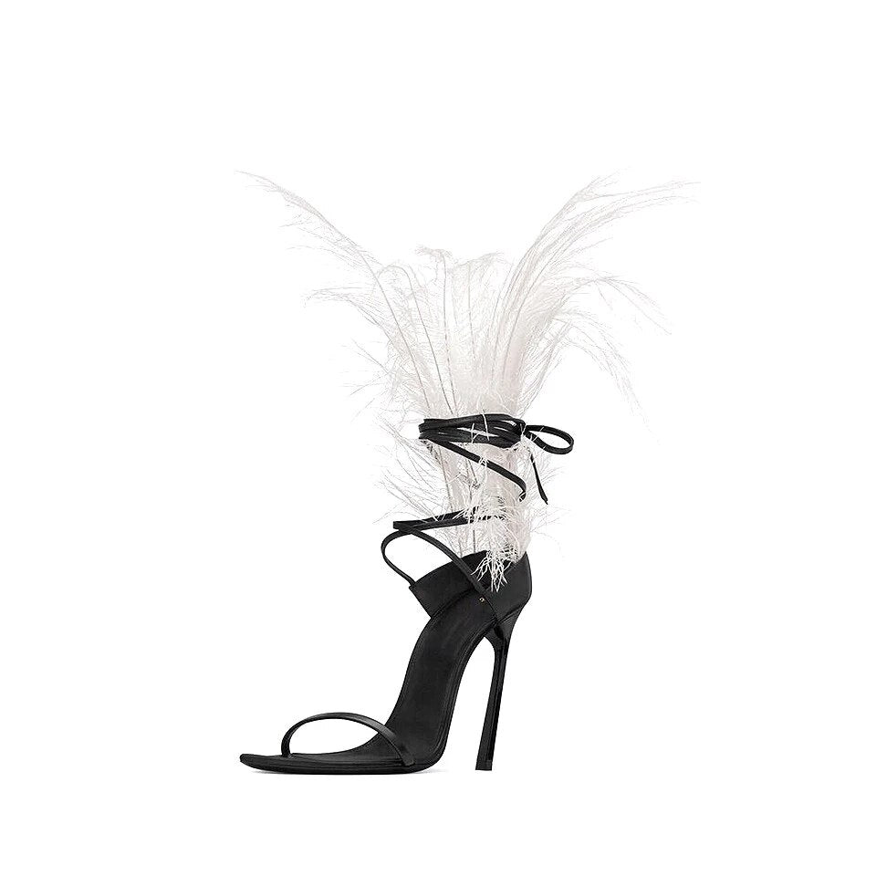 Feather Gladiator Sandals Women Fur Shoes Summer Cross-tied High-heeled Sandals Ostrich Hair Decor Thin High Heels Shoes 2023
