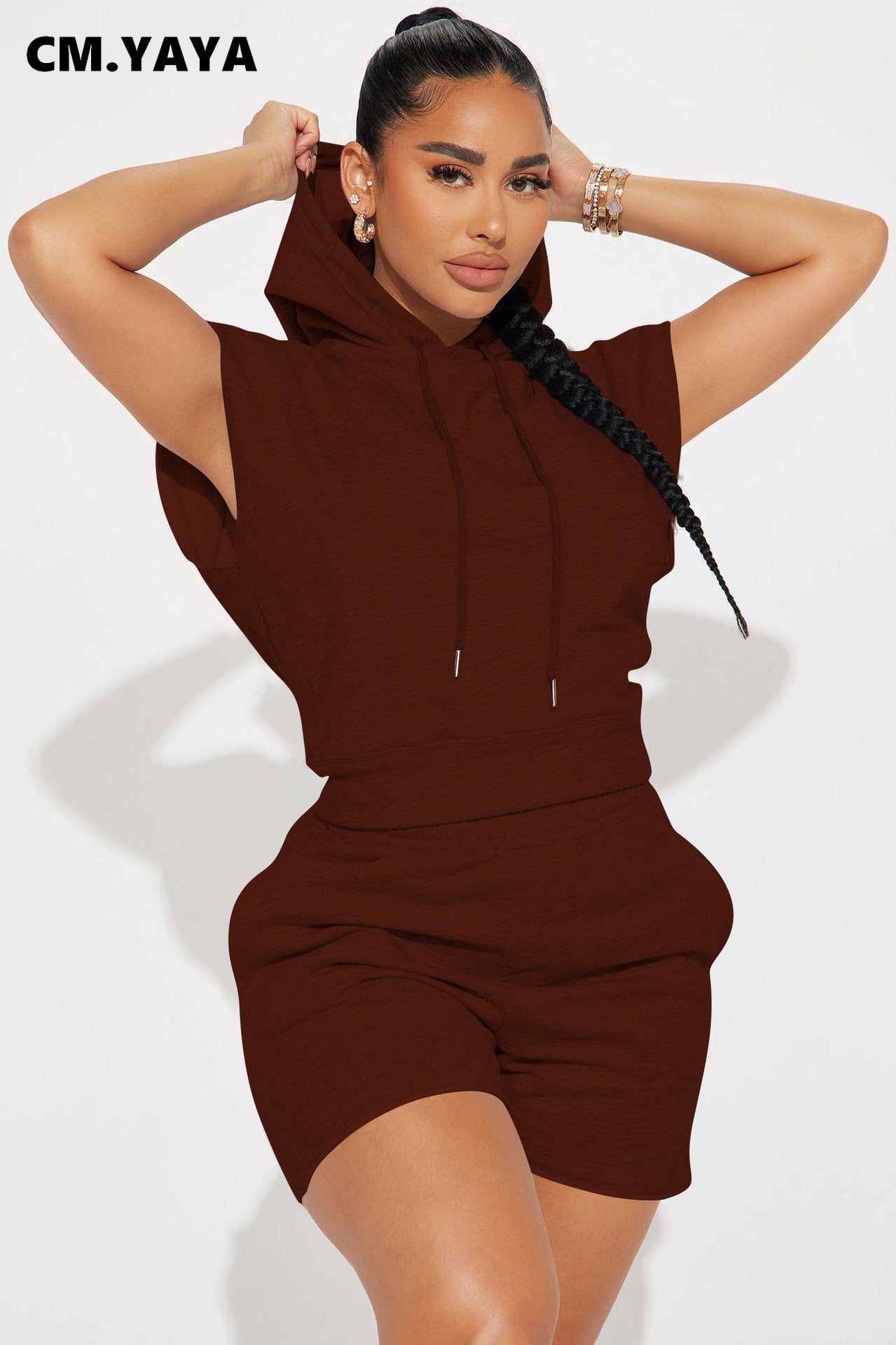 CM.YAYA Fashion Women's Set Hooded Flare Short Sleeve Sweatshirt and Shorts Suit 2023 Active Two 2 Piece Set Outfits Tracksuit